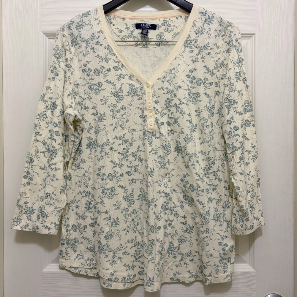 Chaps 3/4 Sleeve Henley Top XL Cream Green Floral V-Neck Cottage Fall Country